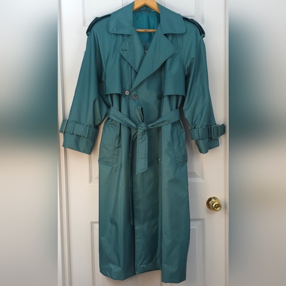 Vintage Teal Double Breasted Trench Coat (S-M Oversize) Lined - Picture 2 of 9